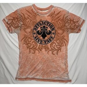 Vintage Affliction Live Fast Short Sleeve TShirt Orange Black Distressed Size XL
